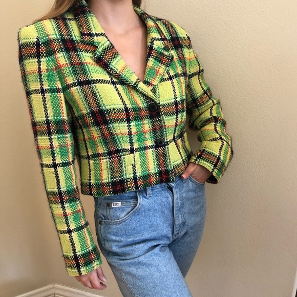 Vintage Jackets & Blazers - Vintage Plaid Tweed Cropped Jacket Green Size 8